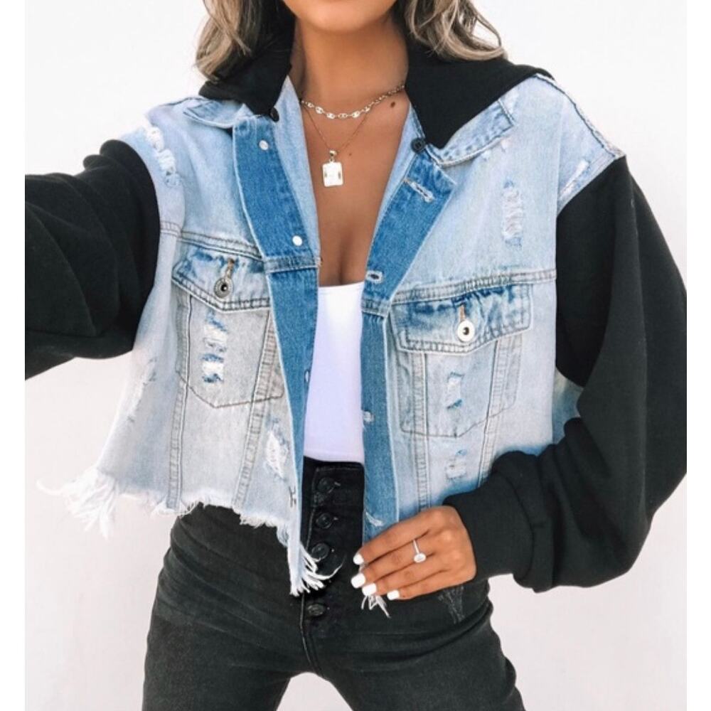Dance & Marvel Womens Jacket Med. Crop Denim Festival Influencer Removable Hood